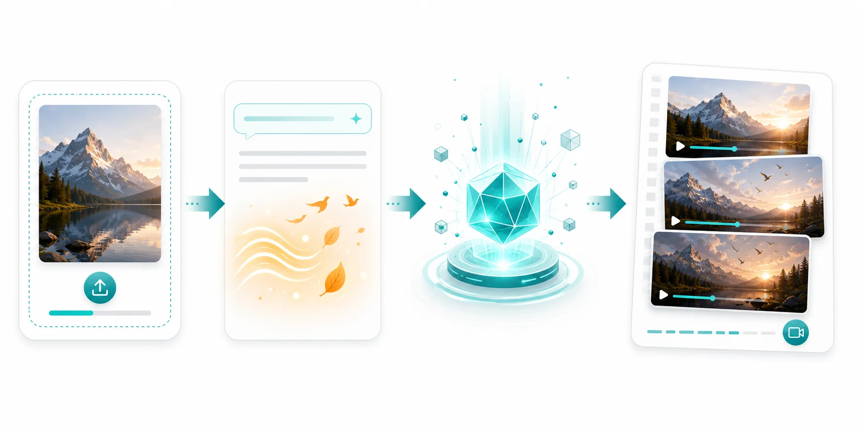 Workflow illustration showing a still image being turned into a generated video